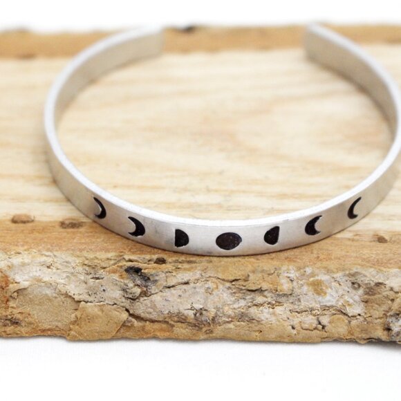 Moon Phases Bangle - Hand Stamped Anodized Aluminum Bangle - Adjustable - Picture 6 of 11
